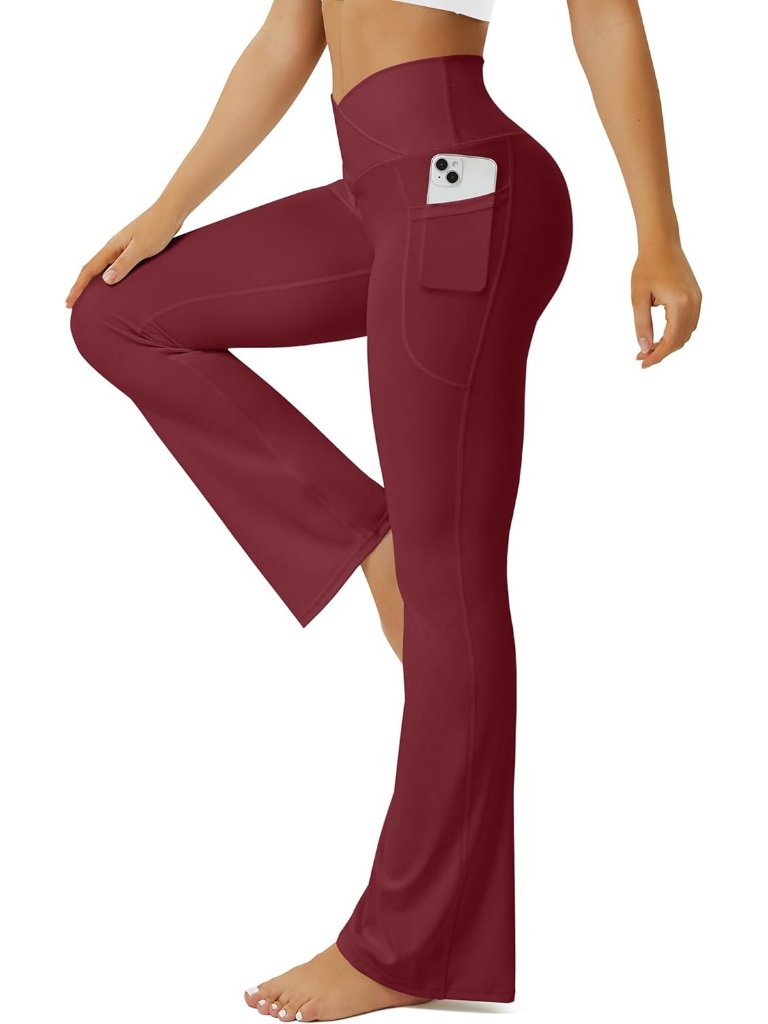 Women's Wine Red Yoga Flare Leggings With Pockets Crossover High Waisted Pants